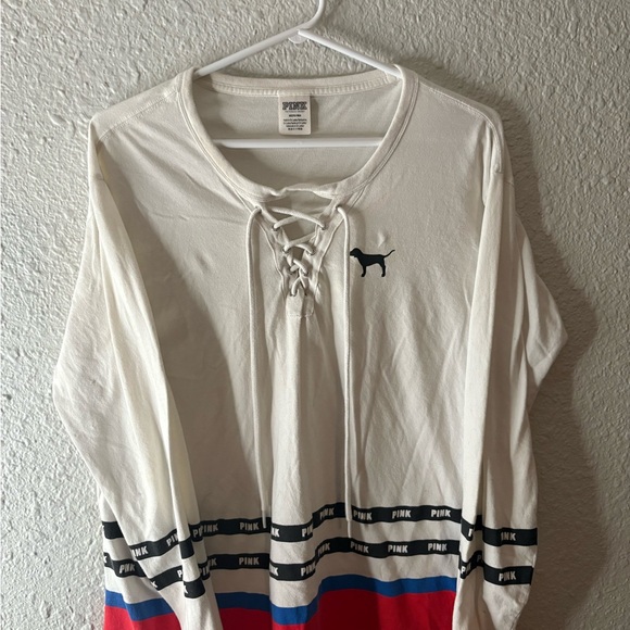 PINK Victoria's Secret Tops - PINK Victoria's Secret Lace-Up Long Sleeve Shirt - White, Black, Red, Blue